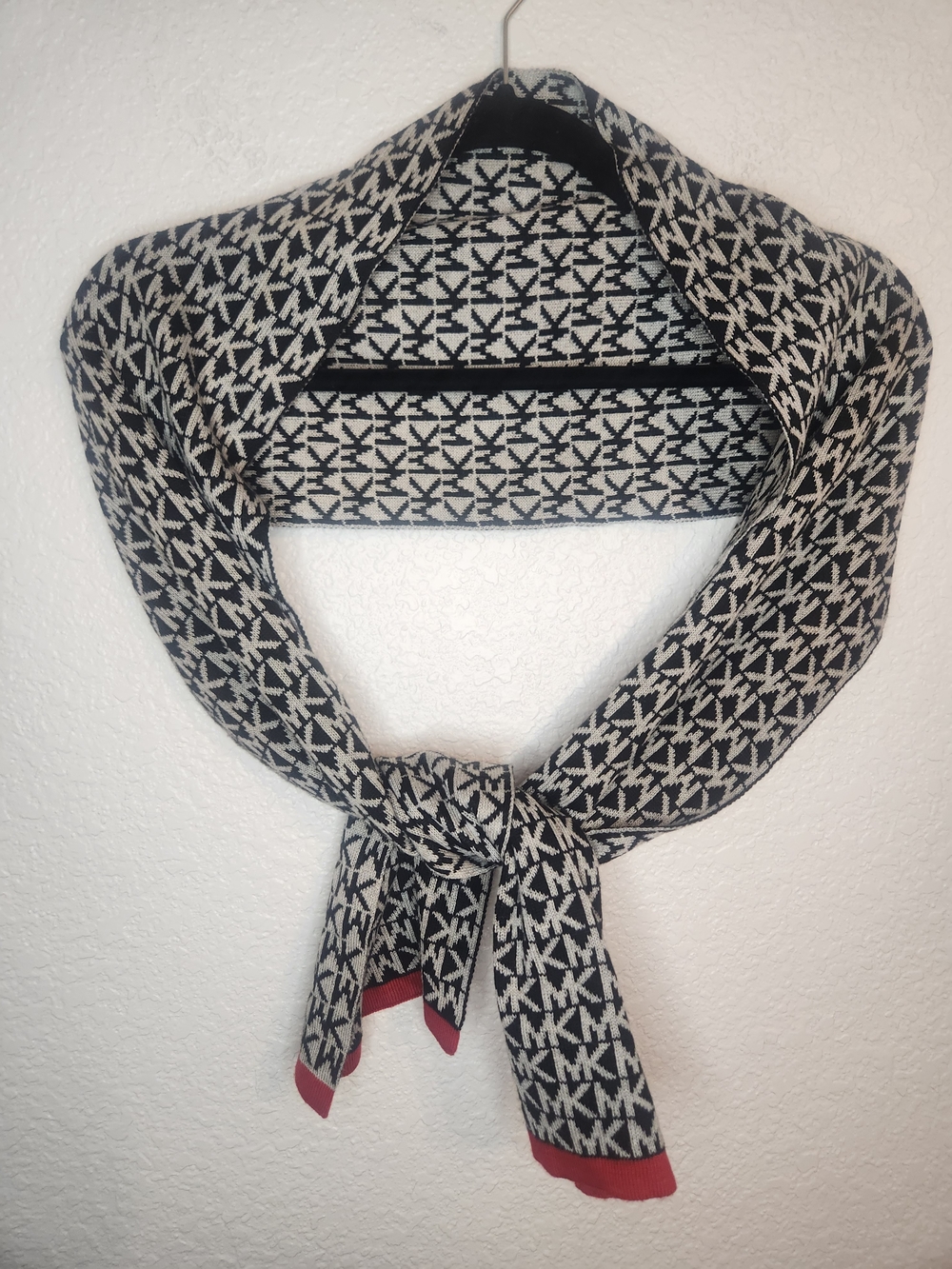 Michael Kors Black & White Logo Knit Scarf with Red Trim